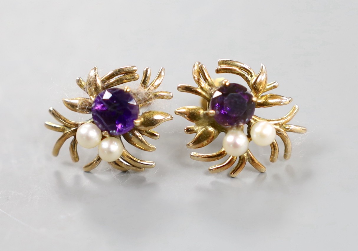 A pair of 9ct, amethyst and cultured pearl cluster earrings, 17mm, gross weight 4.2 grams.